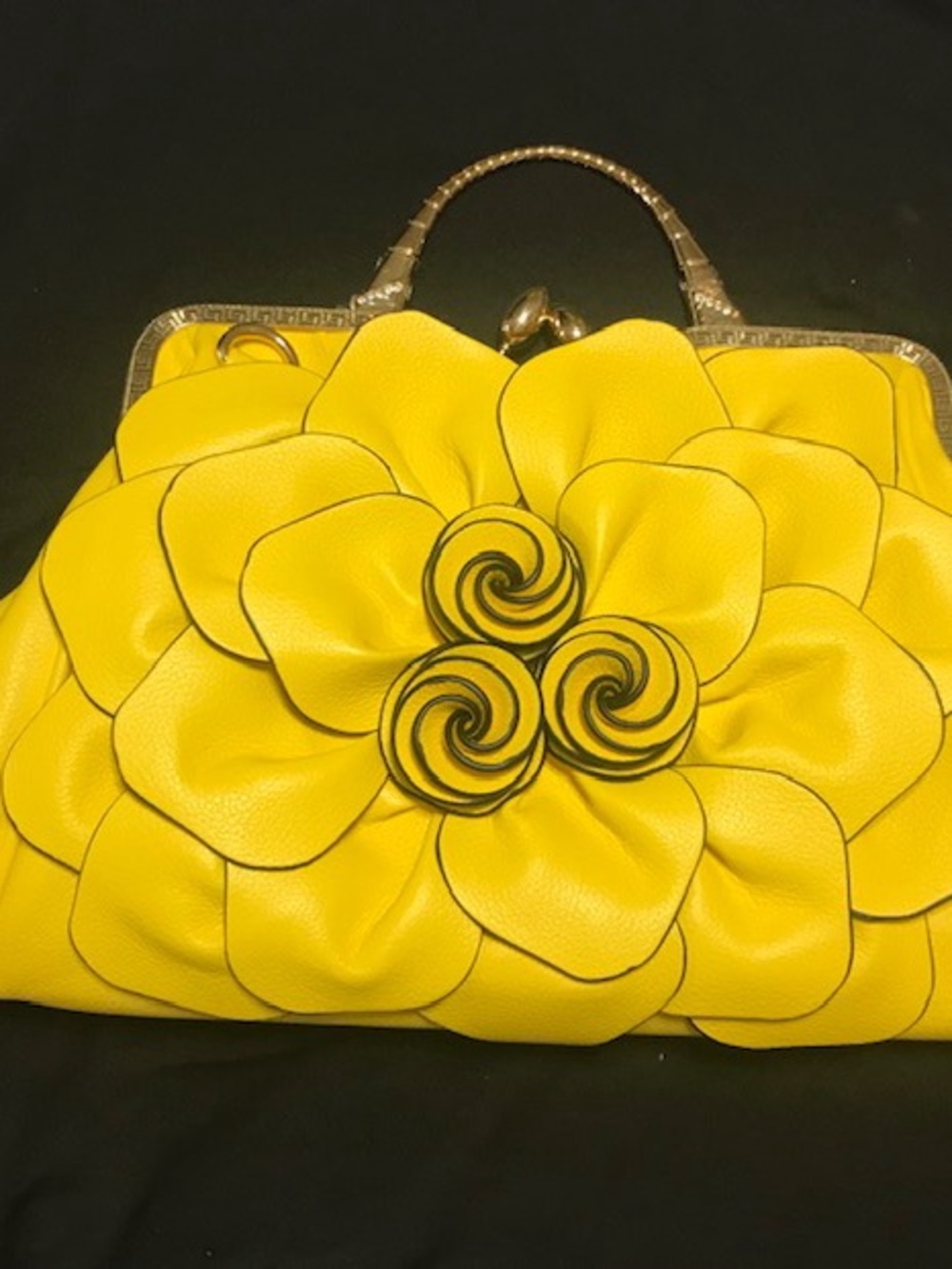 Yellow Floral Applique Frame Top-Handle Bag